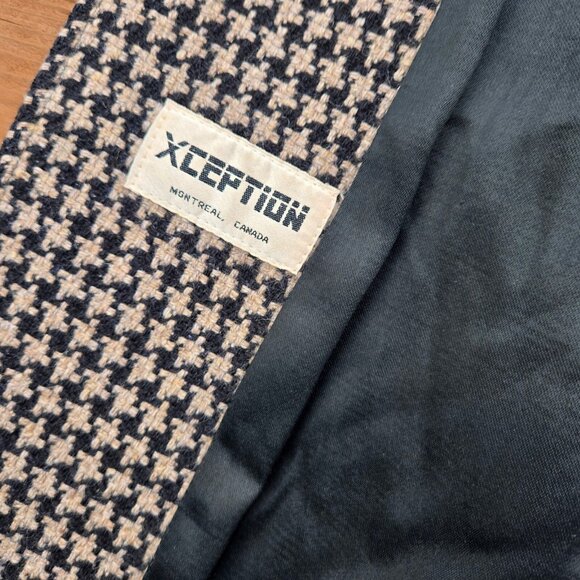 Vintage 80s Long Houndstooth Coat Womens Size M Black Beige Leather Collar - Picture 7 of 11